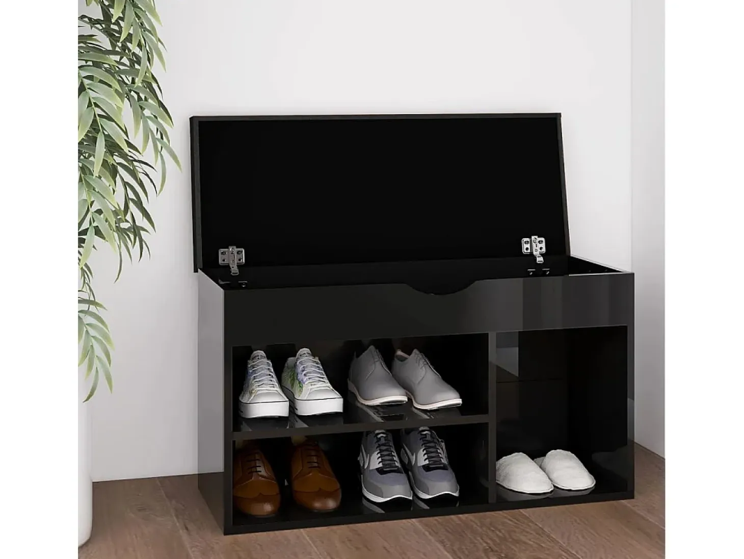 Banco para zapatos y cojín de madera de ingeniería negra brillante