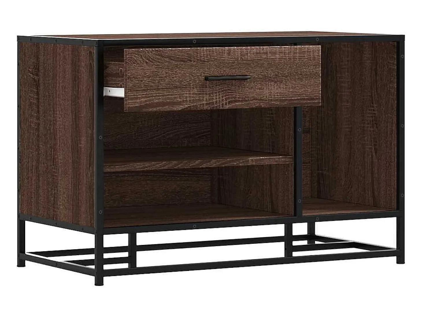Banco zapatero de roble marrón fabricado con madera de ingeniería y metal.