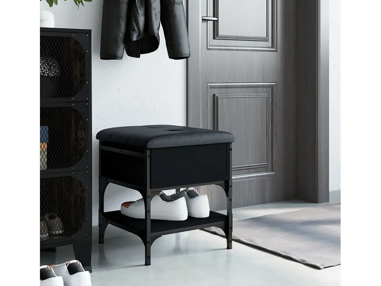 Banco zapatero madera de ingeniería negro 42x42x45 cm ES368560