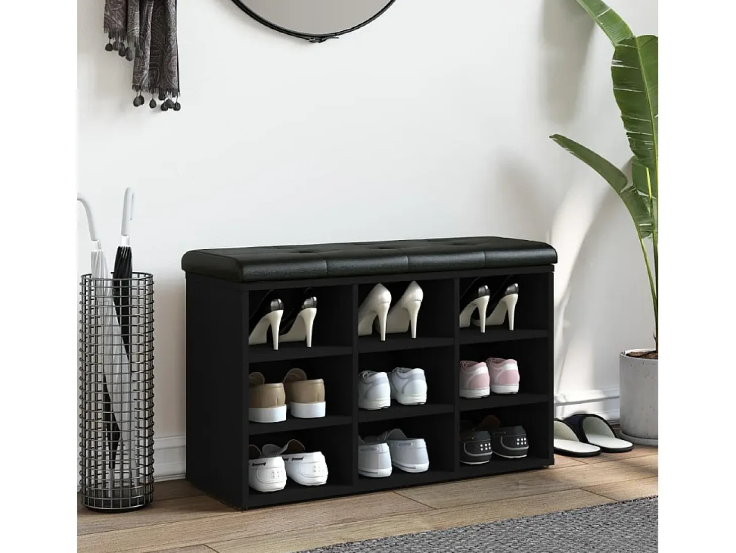 Banco zapatero madera de ingeniería negro 82x32x50 cm ES429136