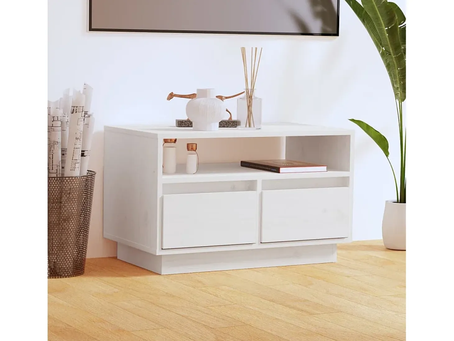 Bemidji Mueble de TV de madera maciza de pino blanco 60x35x37 cm