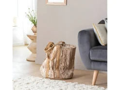 Bolsa para leña Olympe de tela y terciopelo beige con asas de madera maciza
