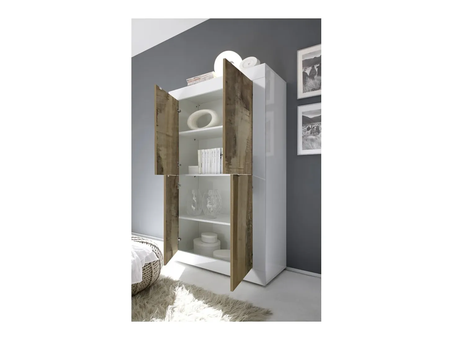 Buffet alto 4 puertas, colección ISORA, color blanco lacado brillante y roble claro
