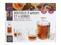Caja de whisky con botella y 4 vasos