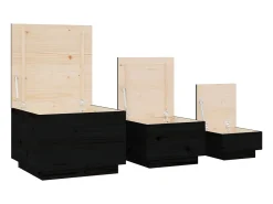 Cajas de almacenaje con tapa 3 pzas madera maciza pino negro