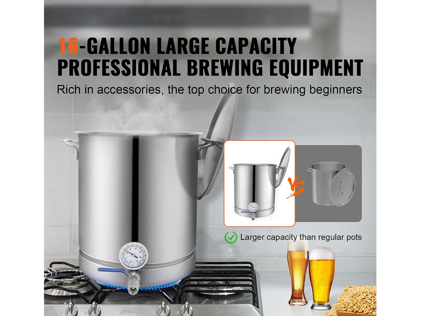 Caldera de Elaboración de Cerveza SucceBuy de Acero Inoxidable 60.6L, Fondo Triple, Olla de Elaboración de Cerveza, Suministros de Elaboración de Cerveza Casera