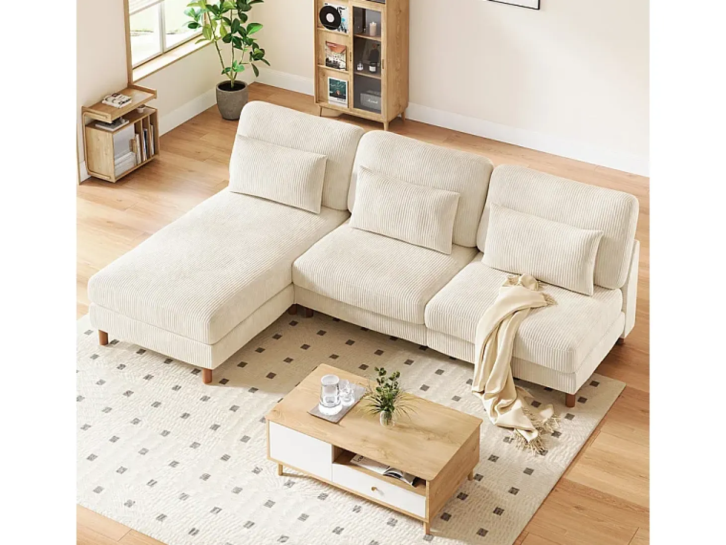 Canapé de esquina reversible en terciopelo acanalado - 2 plazas + méridienne - Beige - 256 x 160 x 88 cm