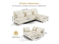 Canapé de esquina reversible en terciopelo acanalado - 2 plazas + méridienne - Beige - 256 x 160 x 88 cm