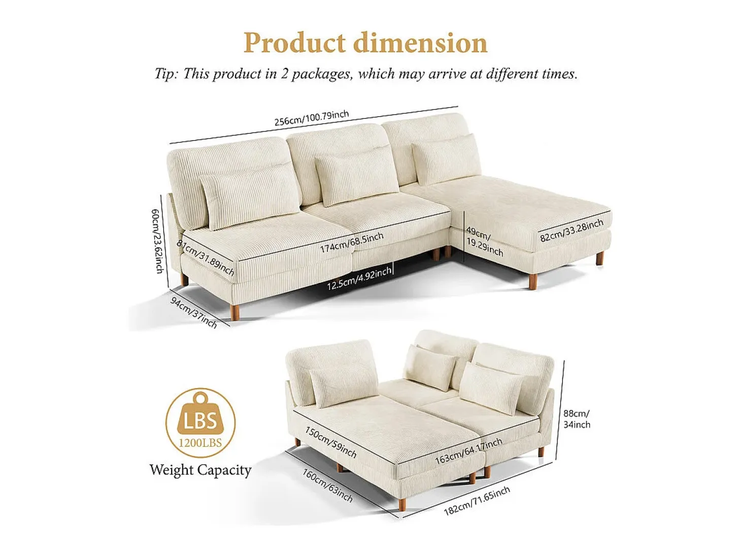 Canapé de esquina reversible en terciopelo acanalado - 2 plazas + méridienne - Beige - 256 x 160 x 88 cm