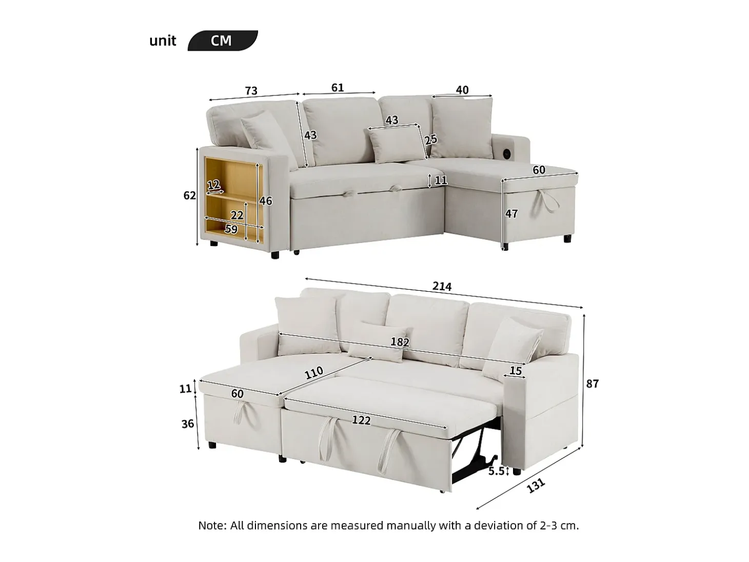 Canapé 215x133x85 cm - con puerto USB - con almacenamiento - con función de cama - Beige