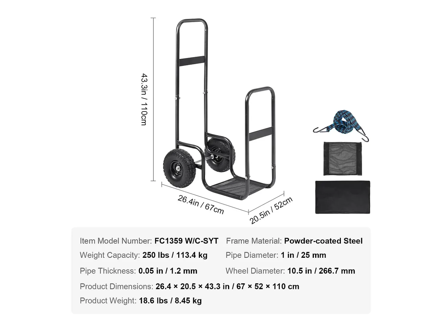 Carretilla para Leña SucceBuy, Capacidad de 113,4 kg, Transportador de Madera con Ruedas de PU, Plataforma Rodante