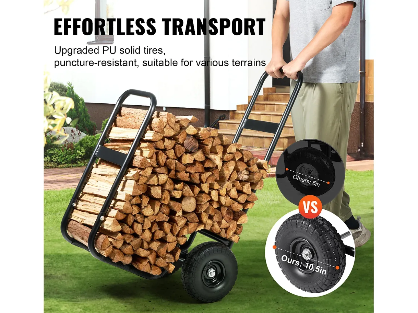 Carretilla para Leña SucceBuy, Capacidad de 113,4 kg, Transportador de Madera con Ruedas de PU, Plataforma Rodante