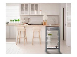 Carrito de cocina con ruedas APRIL – Mueble auxiliar elegante con cestas, cajón y botellero