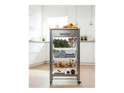 Carrito de cocina con ruedas APRIL – Mueble auxiliar elegante con cestas, cajón y botellero