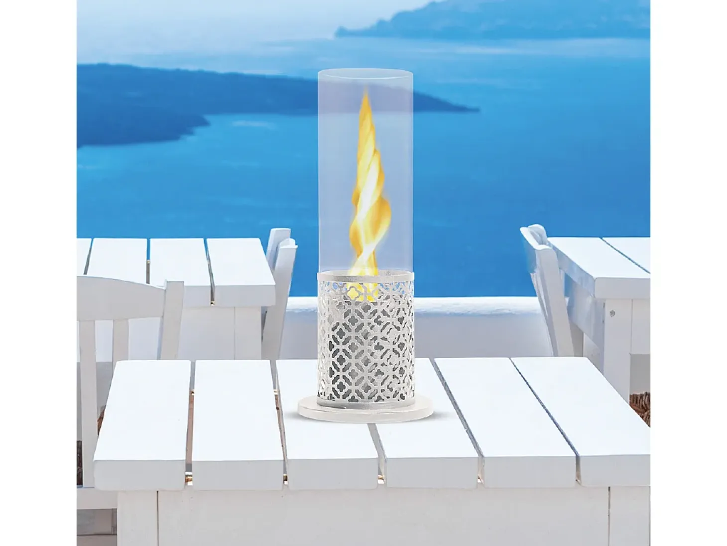 Chimenea de bioetanol blanca TOLOSA, biochimenea de sobremesa, D20 x H49,5, para interior y exterior