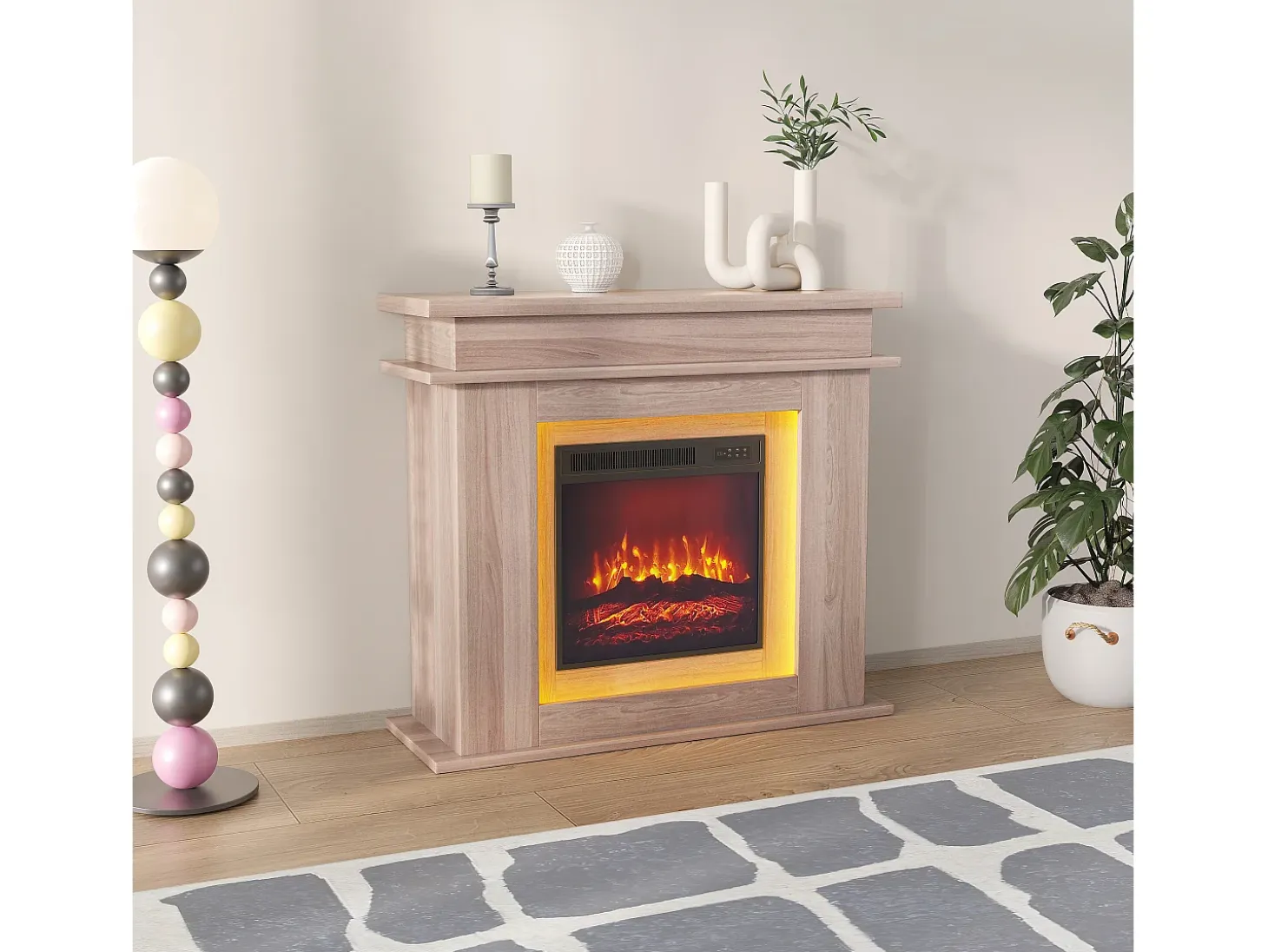 Chimenea eléctrica - Chimenea LED, con calefacción - Efecto de llama 3D - Temporizador, iluminación ambiental LED de 20 colores y control remoto - Color roble