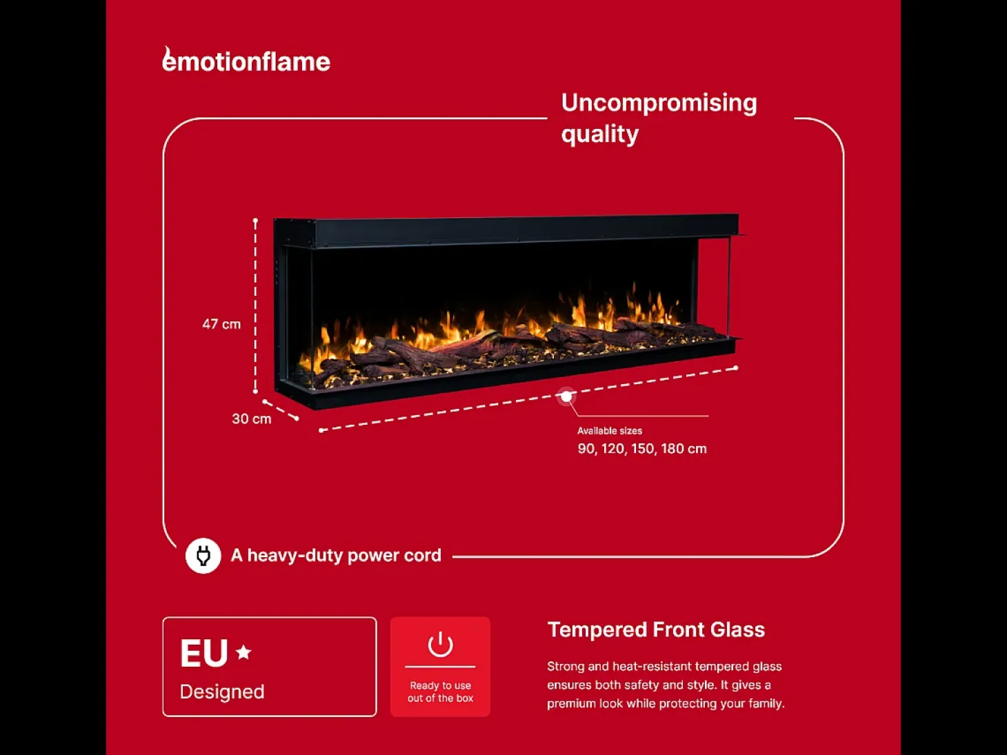 Chimenea eléctrica de 3 caras SOLIS 180 - fuego premium, empotrada - 180x30x46 cm - LED decorativa con calefacción 750/1500 W