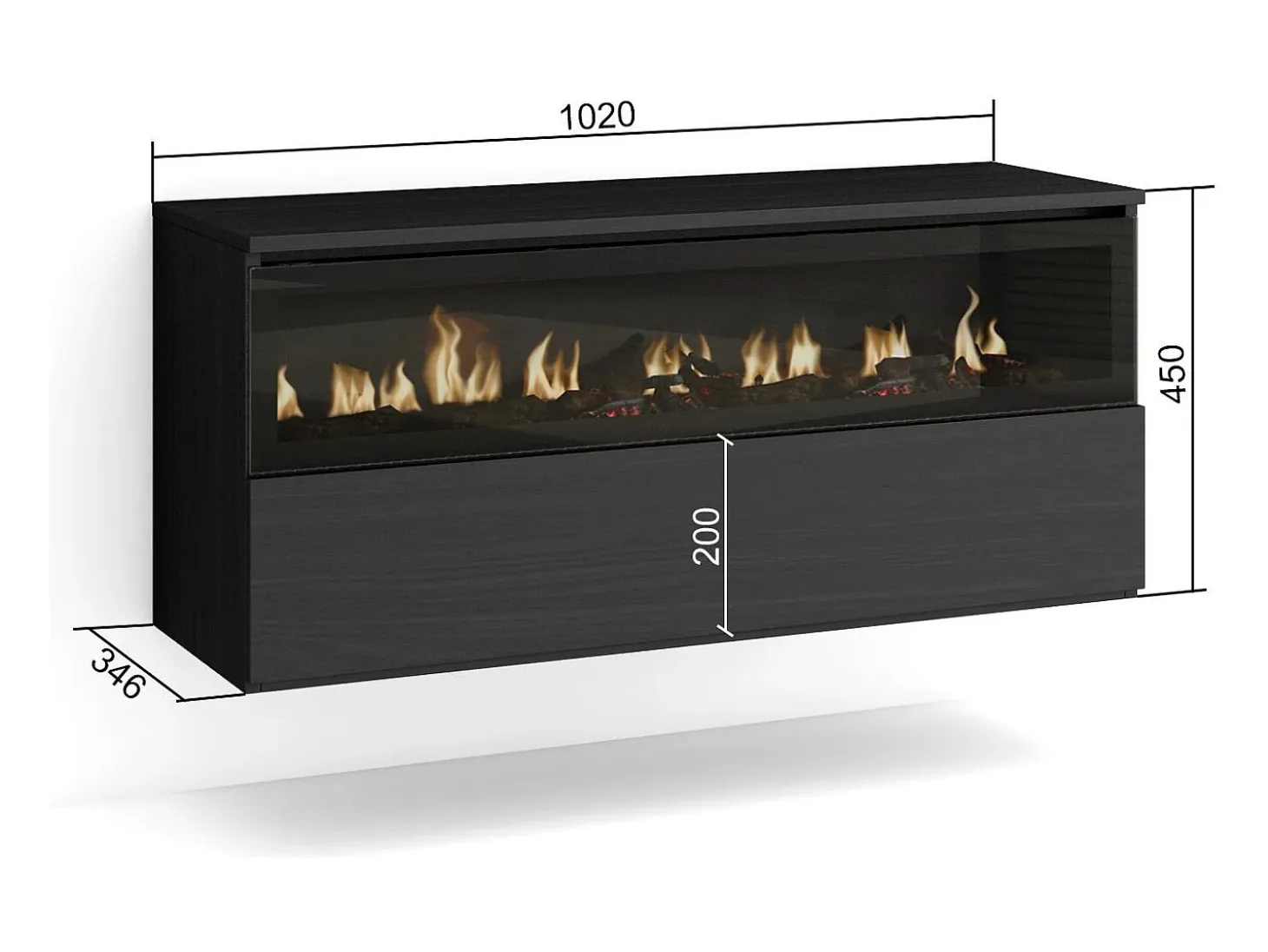 Chimenea eléctrica LED, 102x35x45cm, 1 Hueco, 1 Puerta, Chimenea eléctrica, Colgado, Suspendido, Negro