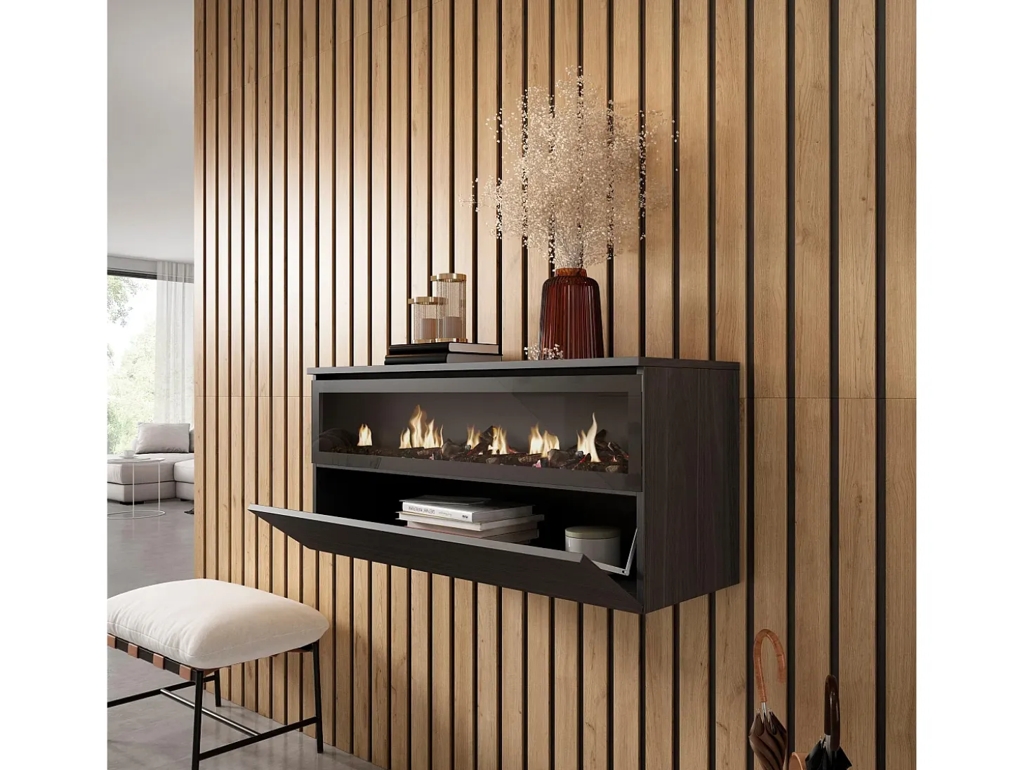 Chimenea eléctrica LED, 102x35x45cm, 1 Hueco, 1 Puerta, Chimenea eléctrica, Colgado, Suspendido, Negro