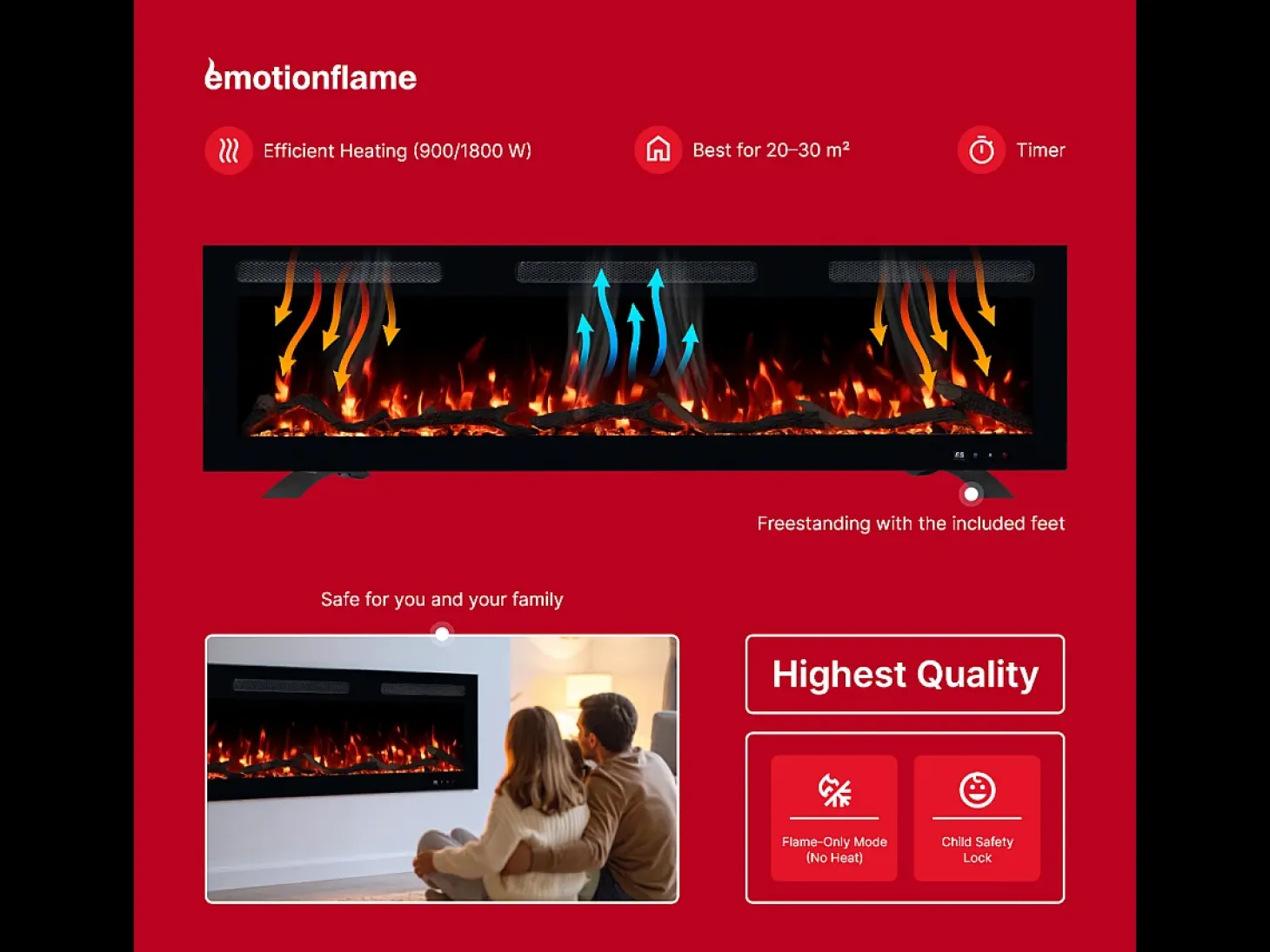 Chimenea eléctrica MONARCH 107 - fuego premium - de pared y empotrados - 107x13x35 cm - chimenea LED con calefacción 900/1800 W