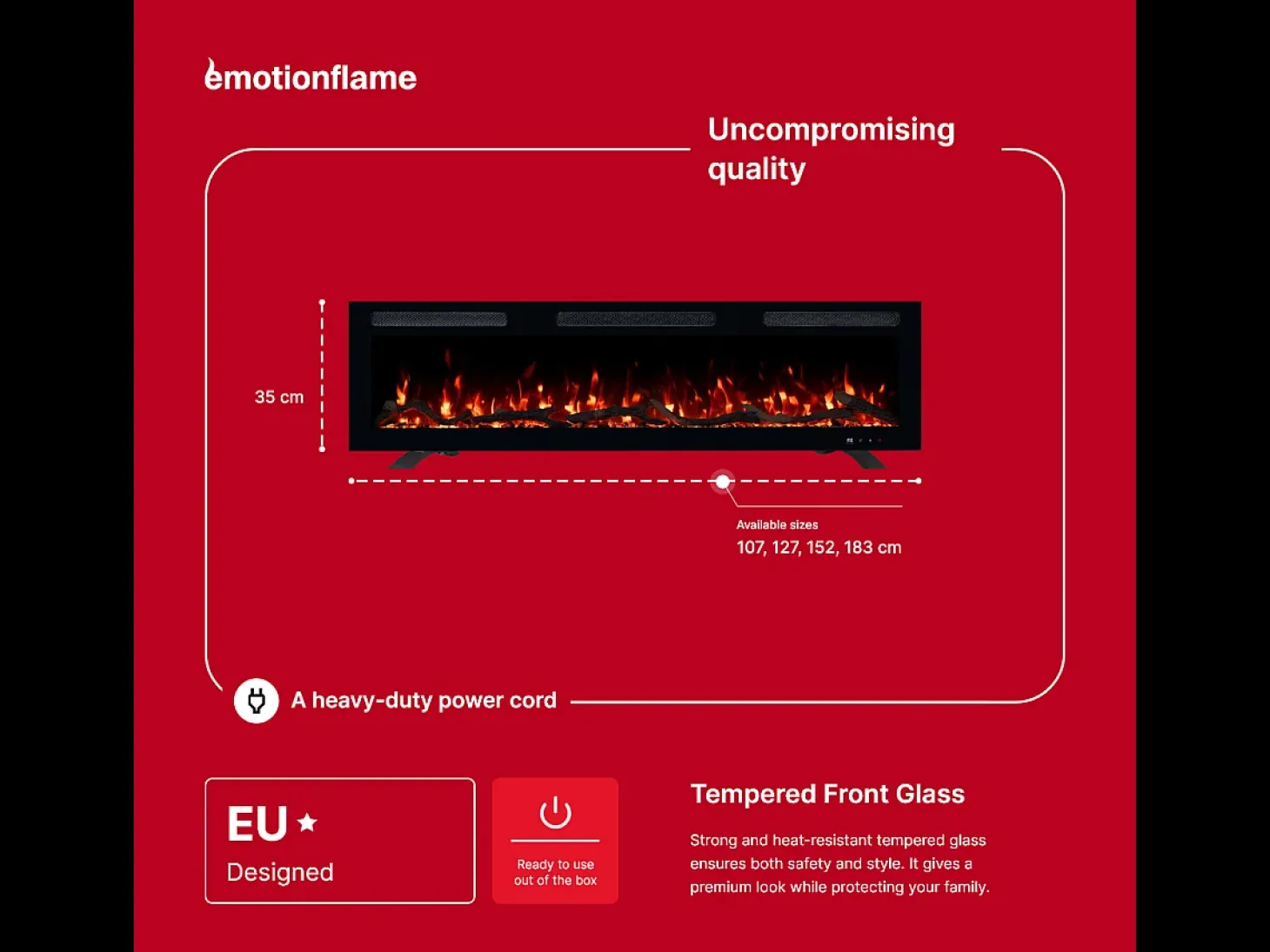 Chimenea eléctrica MONARCH 127 - fuego premium - de pared y empotrados - 127x13x35 cm - chimenea LED con calefacción 900/1800 W