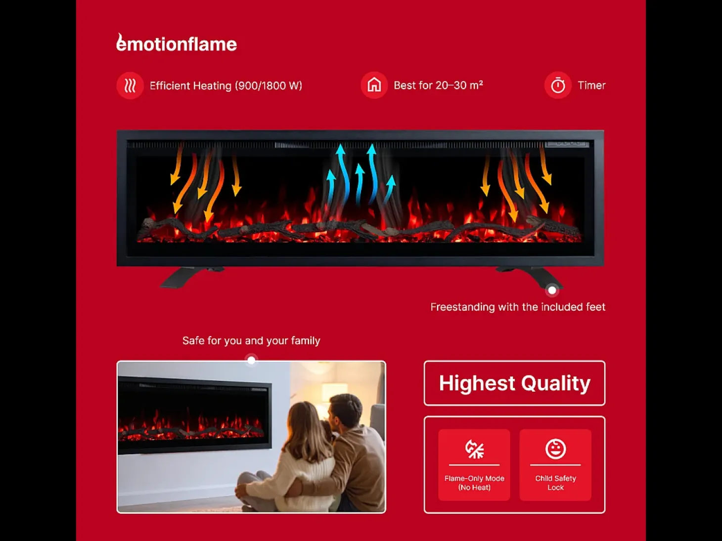 Chimenea eléctrica REGAL 182 - fuego premium - de pared y empotrados - 182x35x12 cm - chimenea LED decorativa con calefacción 900/1800 W