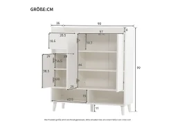 Cómoda / Aparador / Zapatero con estantes regulables, patas de madera maciza, blanco (90x35x99 cm)