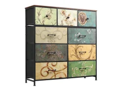 Cómoda de 9 cajones para dormitorio, estilo industrial, estructura de metal, tablero de madera, multicolor