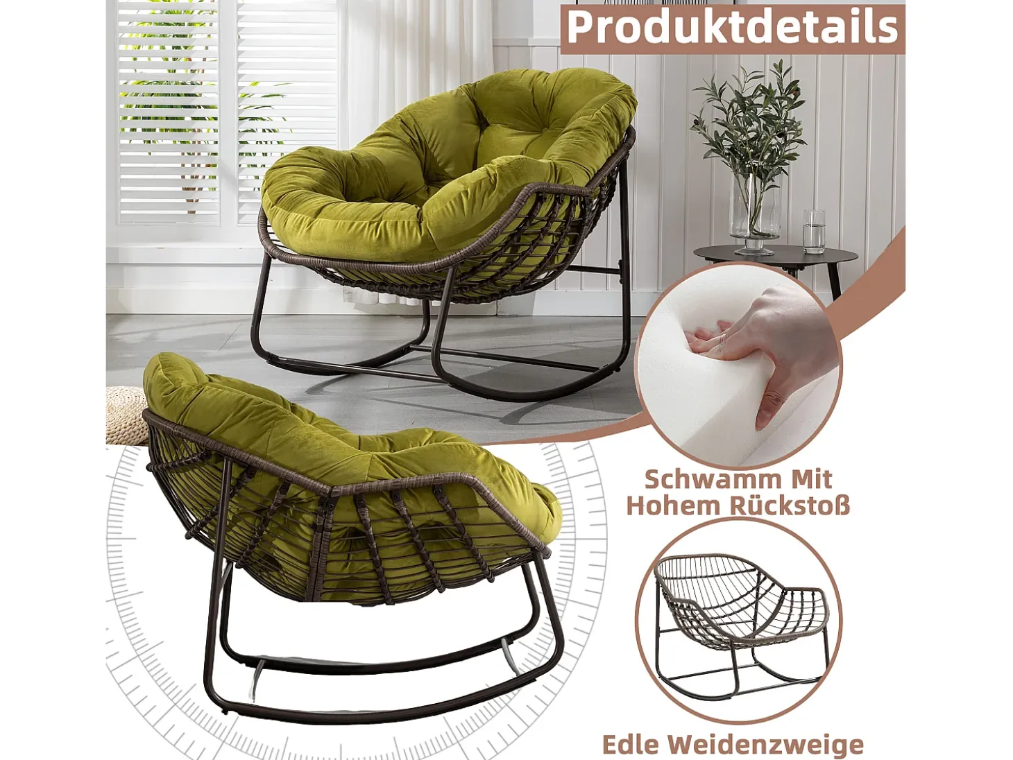 Cocon - Mecedora de ratán - Estructura de acero con cojín suave - Para uso en interiores y exteriores