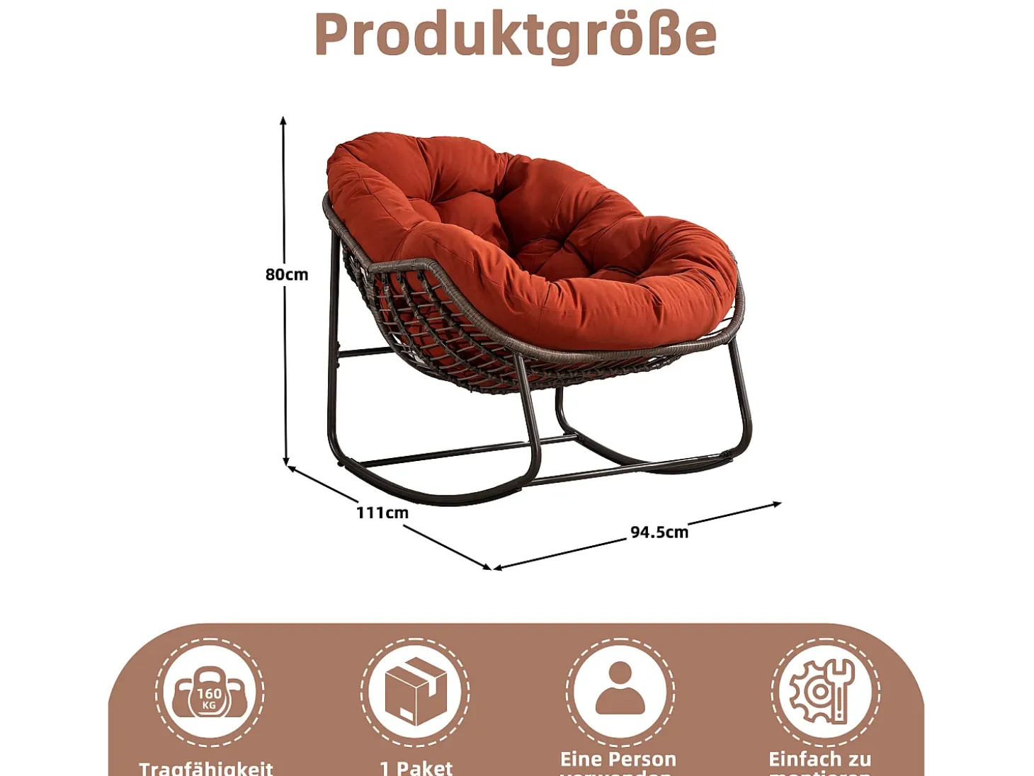 Cocon - Mecedora de ratán - Estructura de acero con cojín suave - Para uso en interiores y exteriores