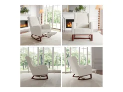 Cojín lumbar con bolsillo lateral y reposapiés, Mecedora, Patas de Madera Maciza, Beige