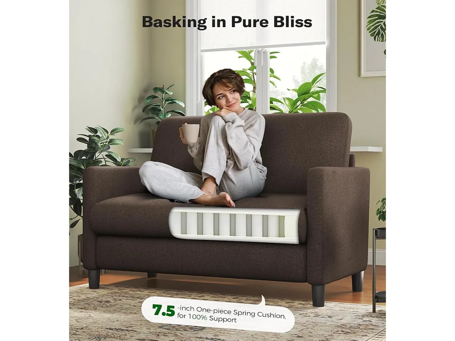 Combustible sofá de terciopelo marrón de peluche de 2 a 2 años, con un asiento profundo de 55 cm y reposabrazos - 128x78x89cm
