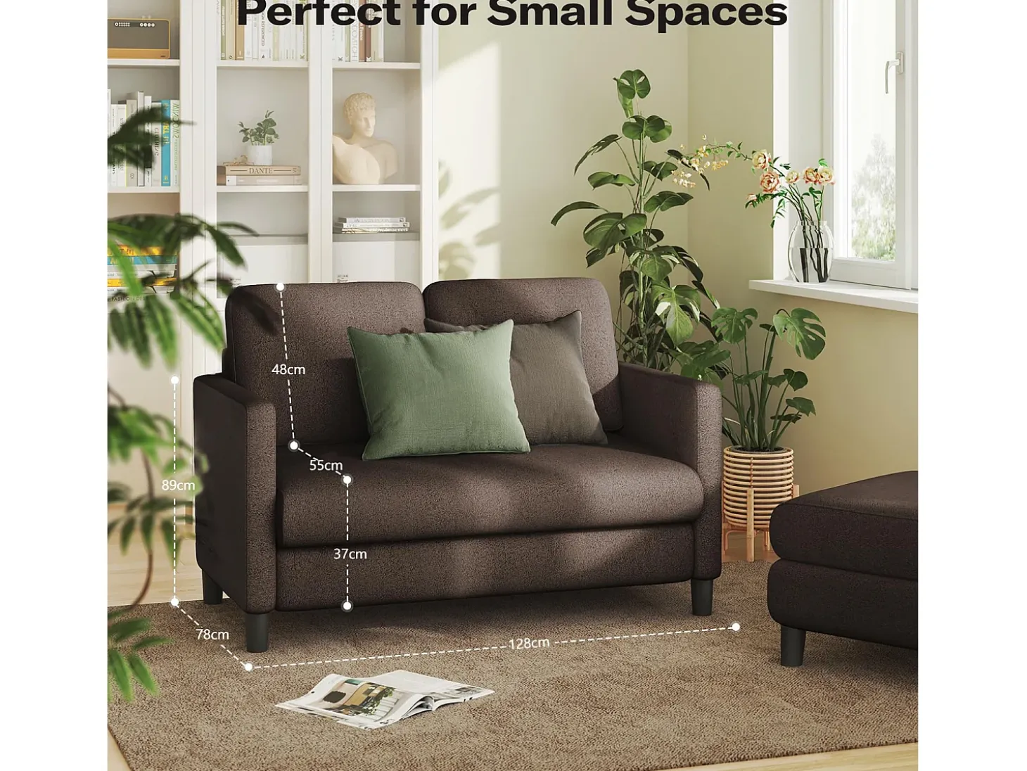 Combustible sofá de terciopelo marrón de peluche de 2 a 2 años, con un asiento profundo de 55 cm y reposabrazos - 128x78x89cm
