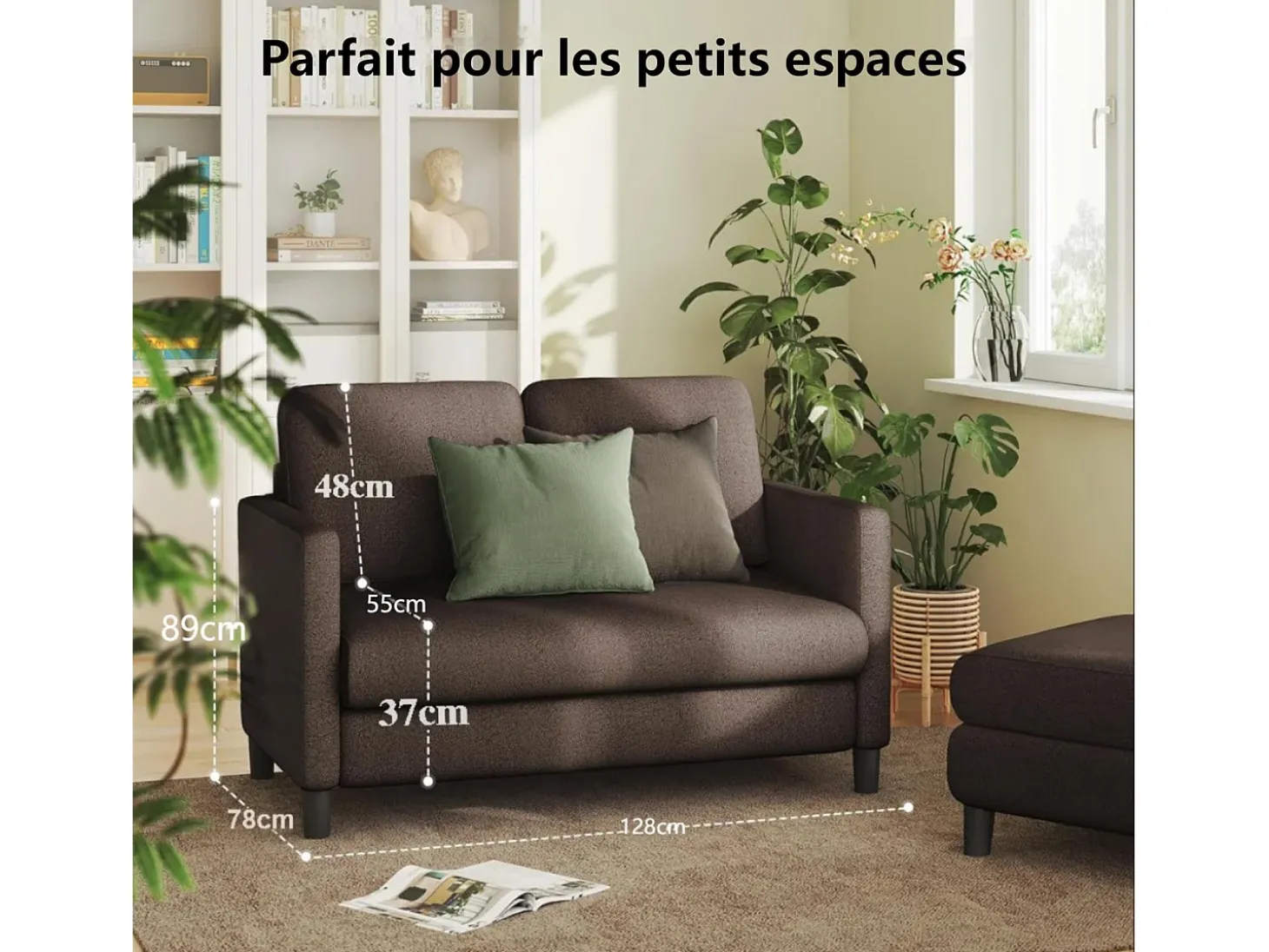 Combustible sofá de terciopelo marrón de peluche de 2 a 2 años, con un asiento profundo de 55 cm y reposabrazos - 128x78x89cm