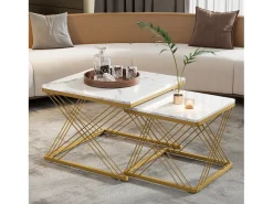 Conjunto de 2 mesas de centro nido de forma cuadrada - 60x60x45 +45x45x40 cm - Efecto mármol - Madera MDF y metal - Blanco + dorado