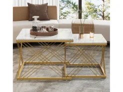 Conjunto de 2 mesas de centro nido de forma cuadrada - 60x60x45 +45x45x40 cm - Efecto mármol - Madera MDF y metal - Blanco + dorado