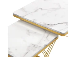 Conjunto de 2 mesas de centro nido de forma cuadrada - 60x60x45 +45x45x40 cm - Efecto mármol - Madera MDF y metal - Blanco + dorado