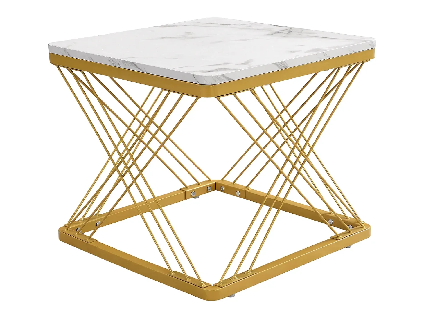 Conjunto de 2 mesas de centro nido de forma cuadrada - 60x60x45 +45x45x40 cm - Efecto mármol - Madera MDF y metal - Blanco + dorado