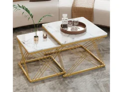 Conjunto de 2 mesas de centro nido de forma cuadrada - 60x60x45 +45x45x40 cm - Efecto mármol - Madera MDF y metal - Blanco + dorado