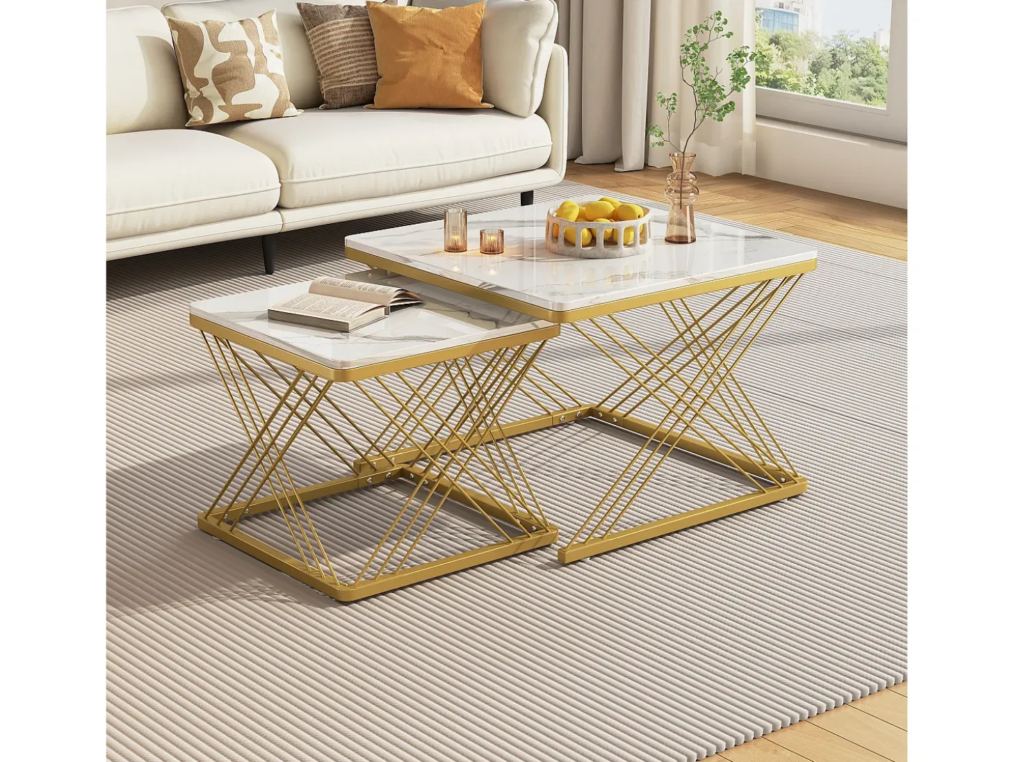 Conjunto de 2 mesas de centro nido de forma cuadrada - 60x60x45 +45x45x40 cm - Efecto mármol - Madera MDF y metal - Blanco + dorado