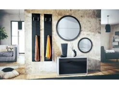 Conjunto de Armario Espoo, Recibidor con Banco Zapatero, 2 Paneles de Pared y 2 Espejos de Pared Redondos, blanco mate/negro de alto brillo