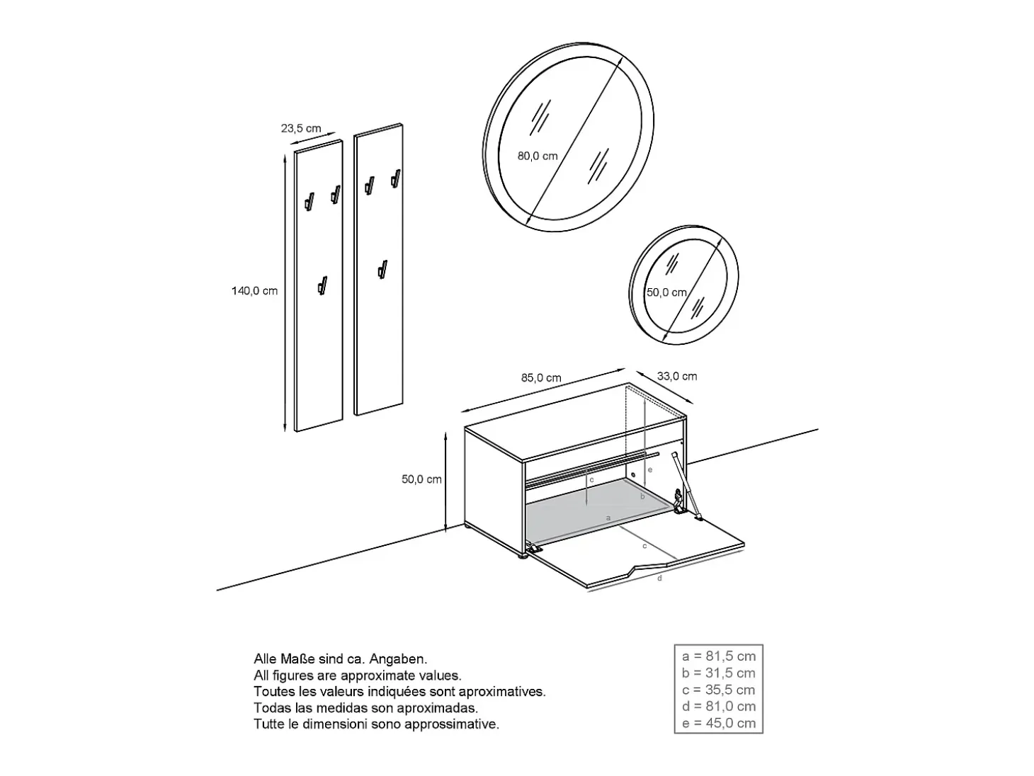 Conjunto de Armario Espoo, Recibidor con Banco Zapatero, 2 Paneles de Pared y 2 Espejos de Pared Redondos, blanco mate/negro de alto brillo