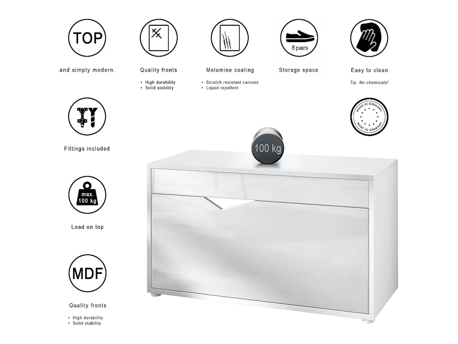 Conjunto de Armario Espoo, Recibidor con Banco Zapatero, 2 Paneles de Pared y 2 Espejos de Pared Redondos, blanco mate/negro de alto brillo