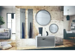 Conjunto de Armario Espoo, Recibidor con Banco Zapatero, 2 Paneles de Pared y 2 Espejos de Pared Redondos, blanco mate/gris de alto brillo