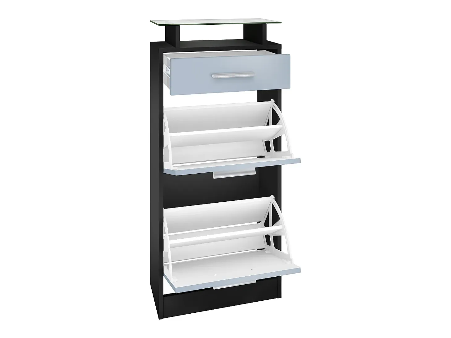 Conjunto de armario Loret V2 Mini, Carcasa en negro mate / Frente en gris arena alto brillo