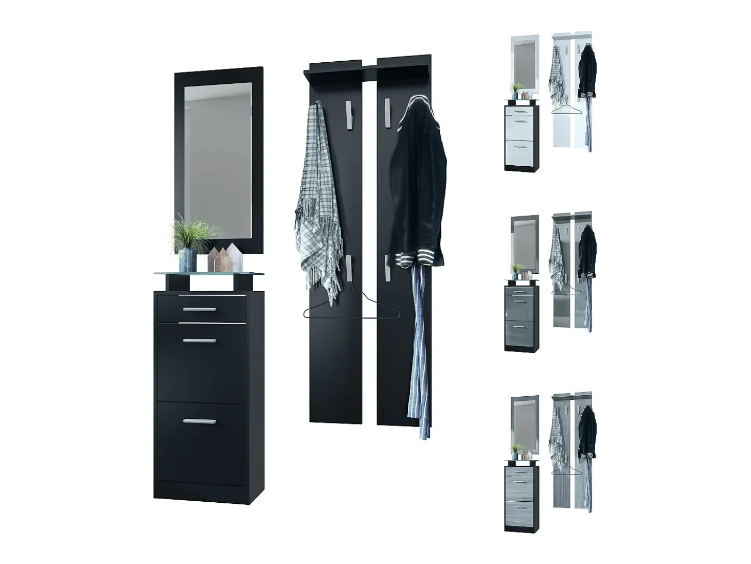 Conjunto de armario Loret V2 Mini, Carcasa en negro mate / Frente en gris arena alto brillo