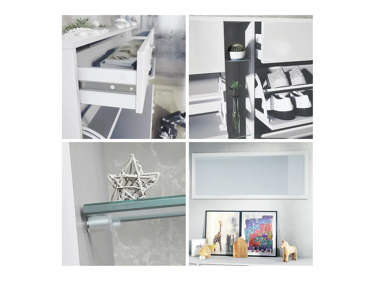 Conjunto de armario Orlando con zapatero, panel de pared y espejo de pared, blanco mate/roble natural