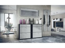 Conjunto de armario Orlando con zapatero, panel de pared y espejo de pared, negro mate/hormigón oxidado