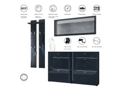 Conjunto de armario Orlando con zapatero, panel de pared y espejo de pared, negro mate/burdeos de alto brillo