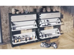 Conjunto de armario Orlando con zapatero, panel de pared y espejo de pared, negro mate/burdeos de alto brillo